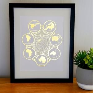 Real Gold Foil Print 7-Continents of the World Wall Art
